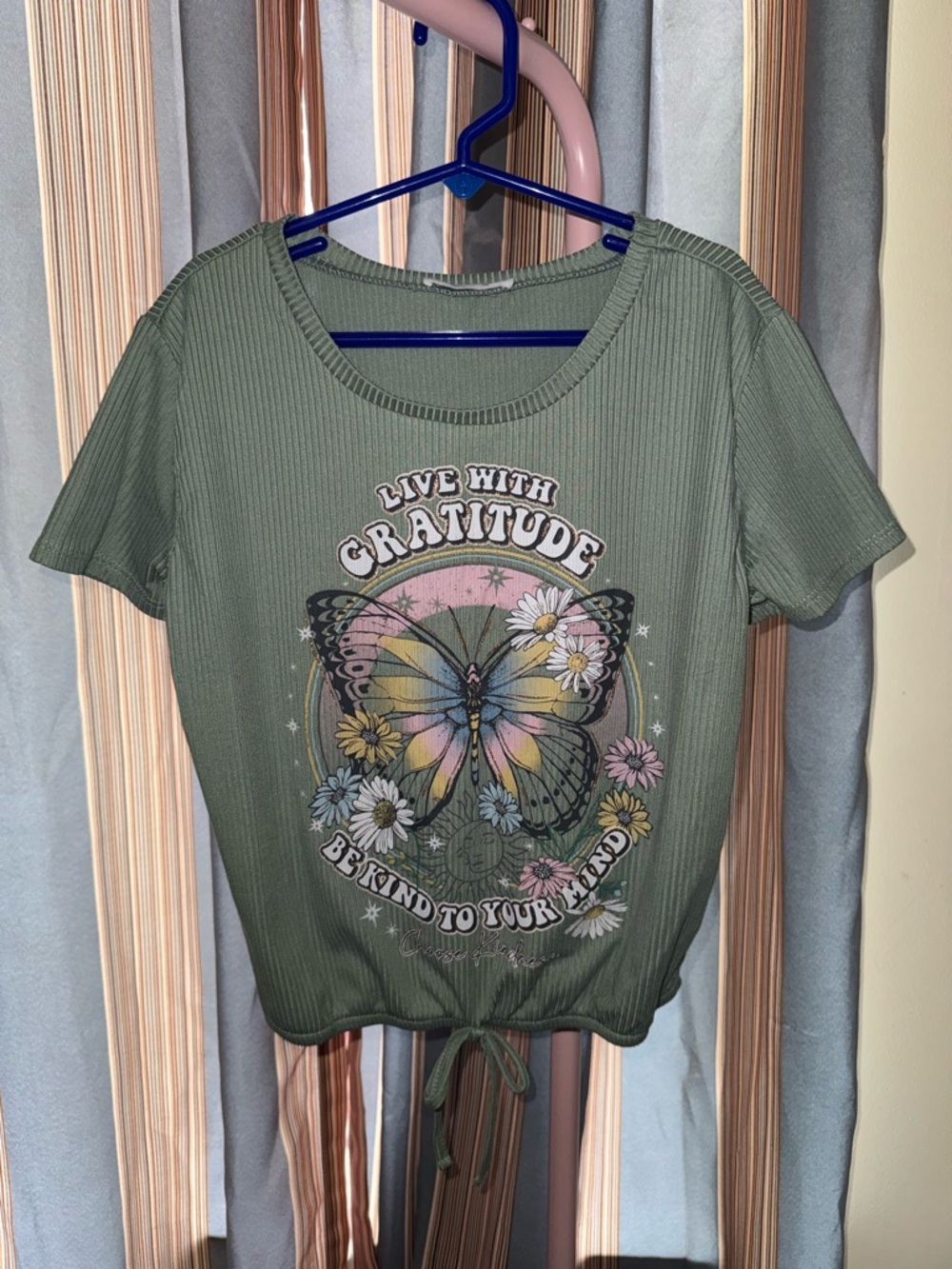 Beautees Olive Green Butterfly Graphic Top - Girls Size S